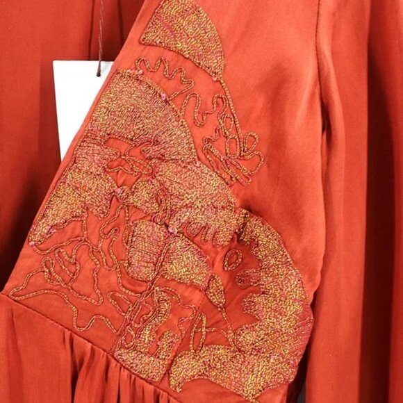Cynthia Vincent Rust Silk Mini Dress Embroidered V-Neck Bell Sleeve NWT XS $297 - Picture 4 of 6